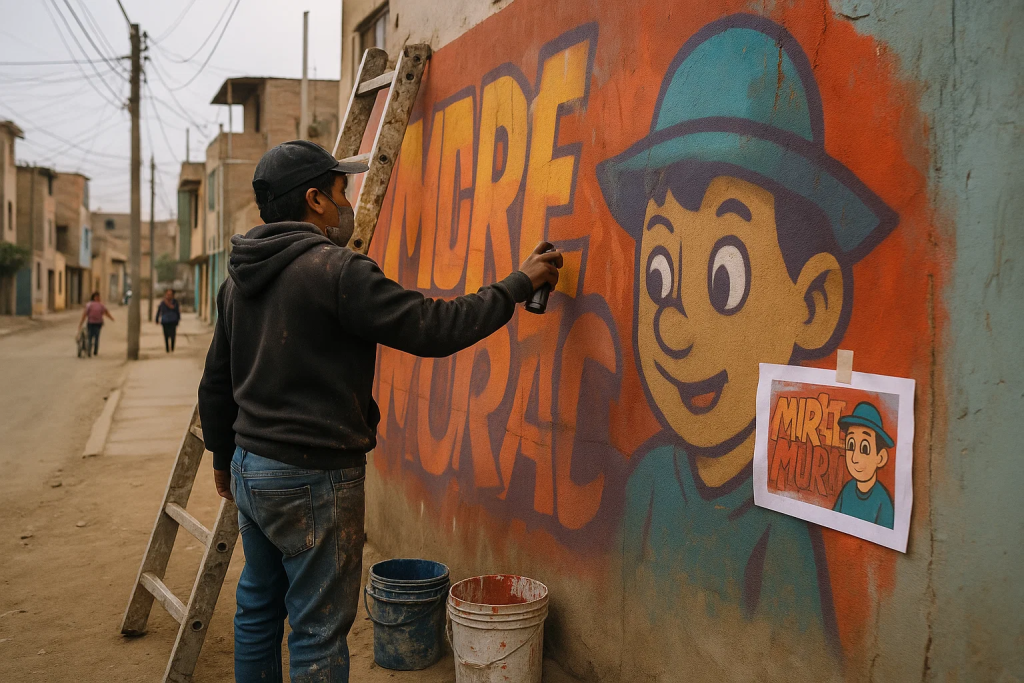 Artista urbano peruano pintando un gran mural en un barrio, con escalera, botes de pintura y casas y cables de fondo, en plena vida cotidiana.