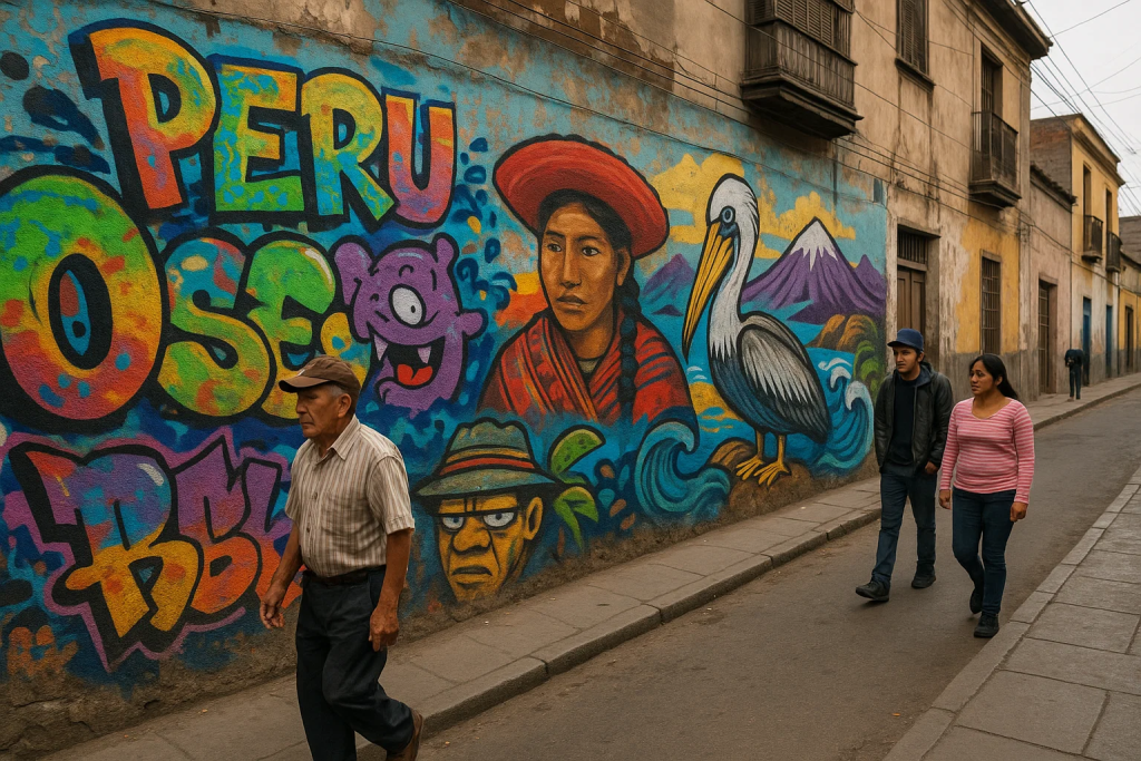 Muro callejero colorido con grafitis y murales en un barrio de Perú, con personas caminando por una calle estrecha y edificios antiguos alrededor.