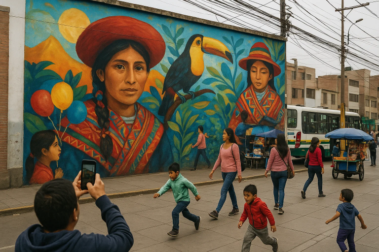 Mural colorido en una calle de Lima con gente caminando y niños jugando alrededor.