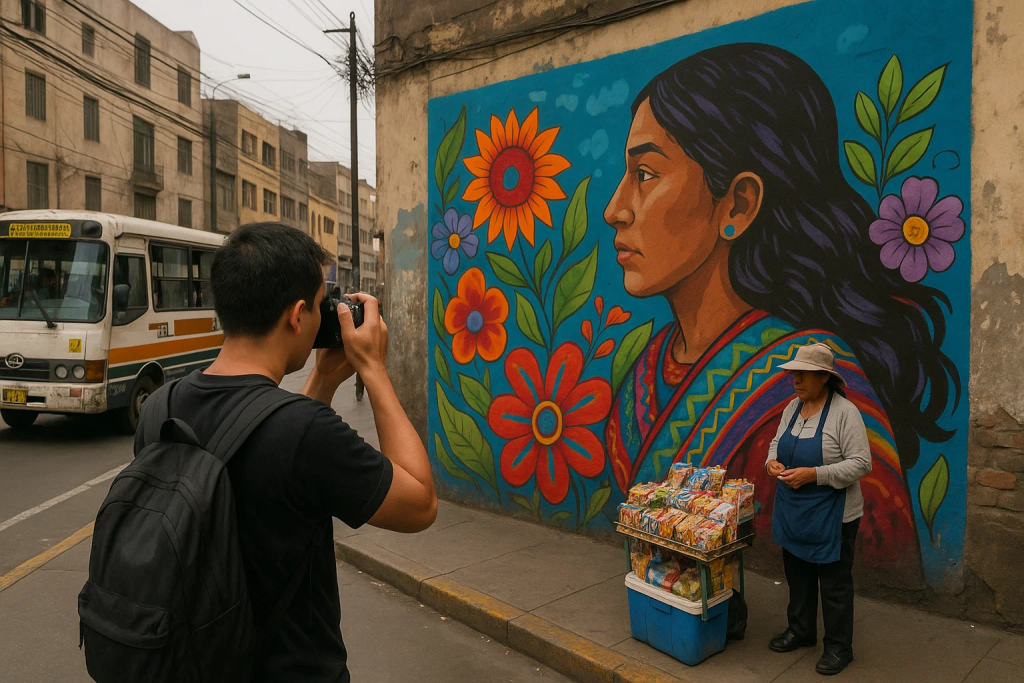 Persona fotografiando un mural en una calle de Lima, manteniendo distancia y sin tapar el paso de los vecinos