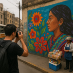 Persona fotografiando un mural en una calle de Lima, manteniendo distancia y sin tapar el paso de los vecinos