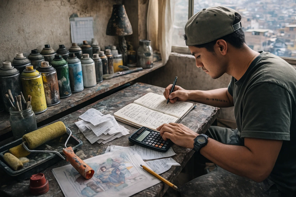 Artista urbano en un taller casero revisa un presupuesto en una libreta junto a latas de pintura, boletas y una calculadora