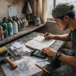 Artista urbano en un taller casero revisa un presupuesto en una libreta junto a latas de pintura, boletas y una calculadora