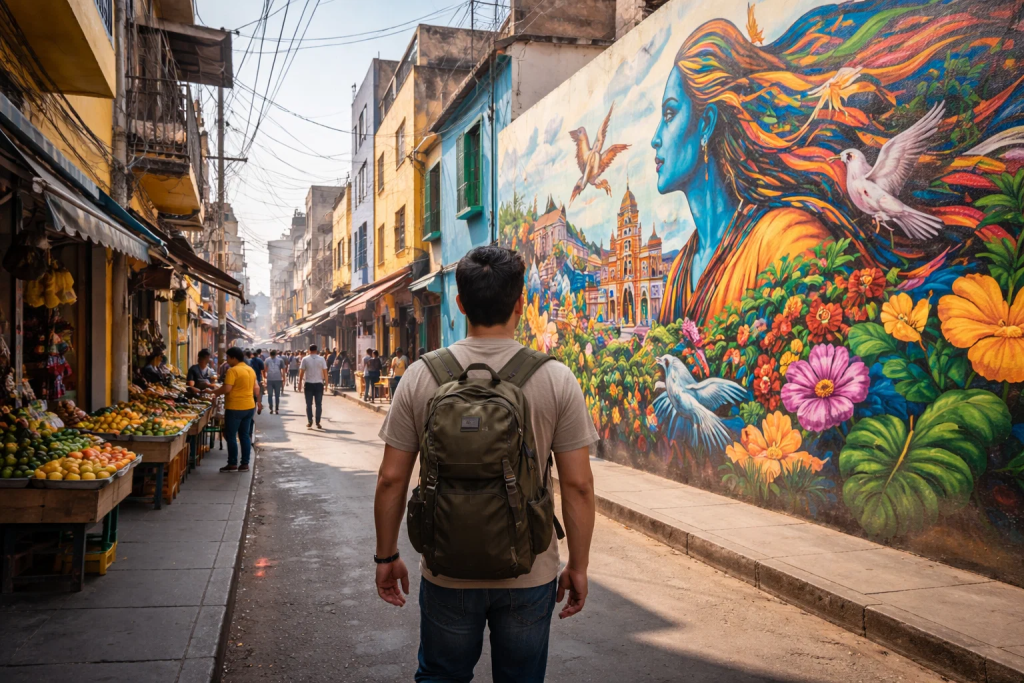 Persona caminando por una calle de Lima mirando un mural grande y tomando una foto, con comercios y tránsito alrededor